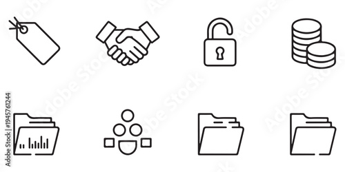 Business and Office Management Icon Set with Handshake, Data Folders, Security, and Financial Symbols