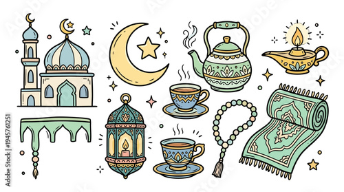 Whimsical Middle Eastern-inspired collection of ornate lanterns and tea accessories with celestial motifs for cultural ambiance