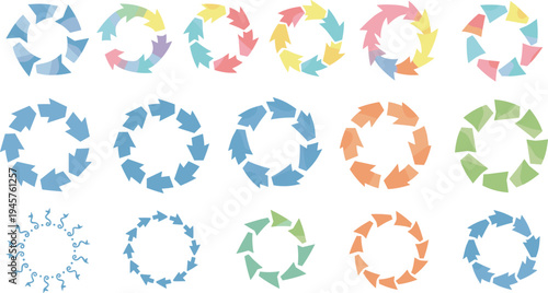 Circular arrow loop icons collection with colorful recycling style rotation arrows, round flow cycle symbols vector illustration set for infographic design