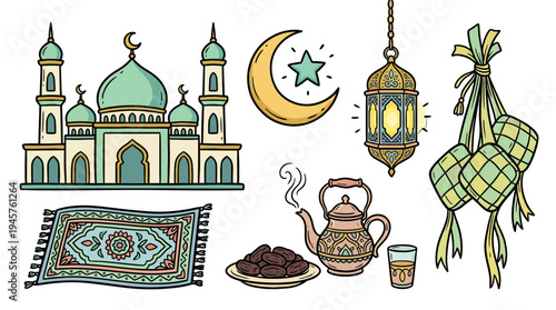 Decorative Islamic cultural elements including a mosque, lanterns, tea set, and traditional crafts with a night sky theme