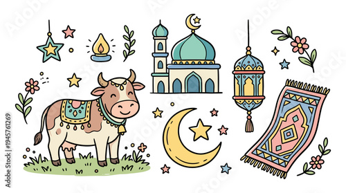 Whimsical and colorful collection of cultural and spiritual symbols including a cow, mosque, lantern, crescent moon, stars, and