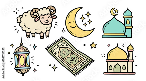 Whimsical Nighttime Scene Featuring a Cute Sheep Mystical Crescent Moon and Architectural Eid Mubarak Inspired Structures for