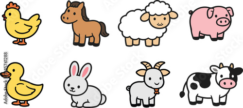 A cute cartoon collection of happy farm animal characters including a cow, pig, sheep, and horse in a funny vector illustration set of domestic mammals