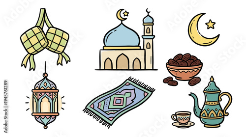 Festive Ramadan Decorations with traditional lanterns and mosque motifs capturing cultural essence in colorful illustrations