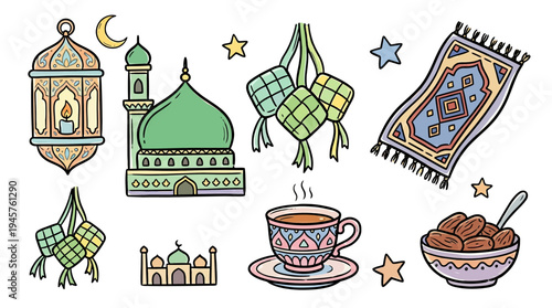 Islamic cultural celebration depicted through traditional symbols including mosque lanterns and prayer mats