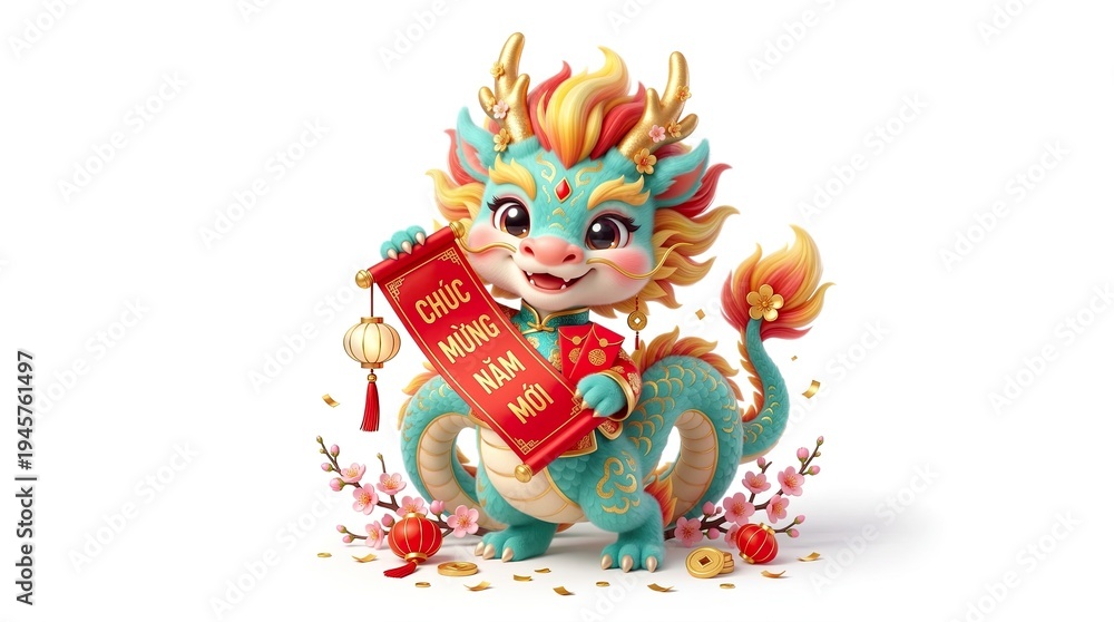 Naklejka premium Cute Chibi Vietnamese Dragon Spirit 3D Illustration for Asian Lunar New Year, pure white background