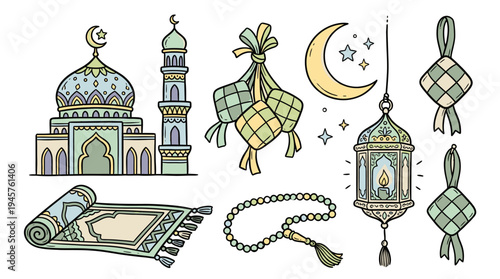 Intricate Islamic Decor Elements Featuring Mosques Lanterns and Celestial Symbols for Cultural and Religious Celebrations