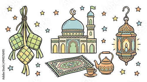 Decorative Islamic themed illustration featuring prayer beads mosque and lanterns