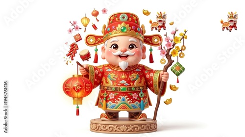 Cute Chibi Vietnamese Village Guardian Deity 3D Illustration for Asian Lunar New Year, pure white background

