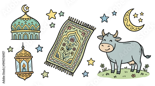 Whimsical Night Scene with a Cute Cow, Lantern, Starry Sky, and Decorative Rug