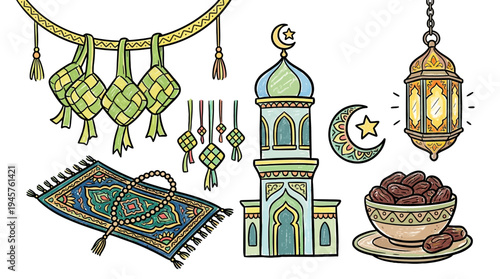 Colorful Middle Eastern celebration with prayer beads, traditional rugs and lanterns