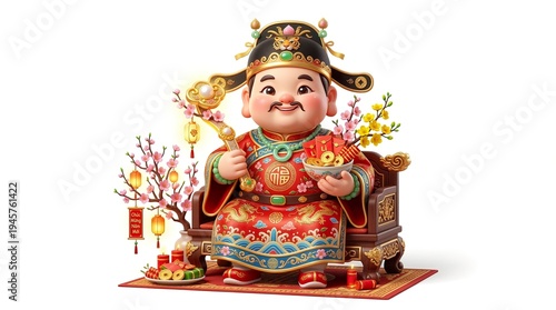 Cute Chibi Vietnamese Village Guardian Deity 3D Illustration for Asian Lunar New Year, pure white background

