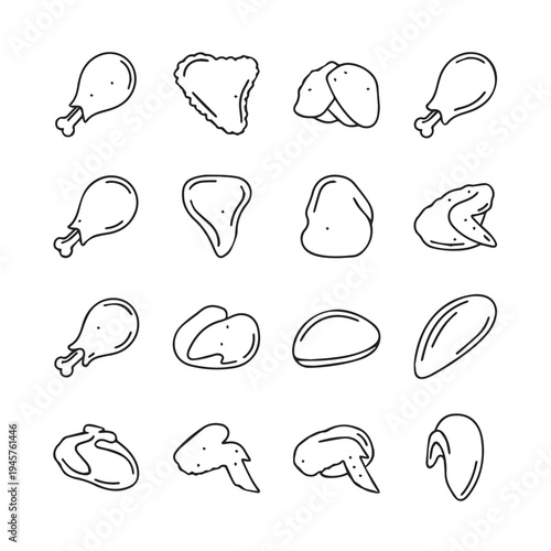 Raw Chicken Cuts Collection Line Art Icons