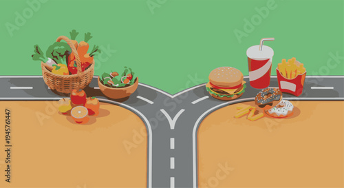 Choosing Between Healthy and Unhealthy Food Concept, Road Split with Fruits and Vegetables vs Fast Food and Junk Food for Diet Decision