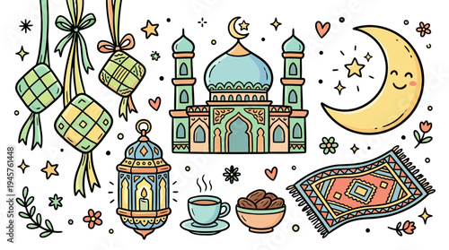Whimsical Islamic Ramadan and Eid Celebration Scene with Mosques Lanterns and Night Sky