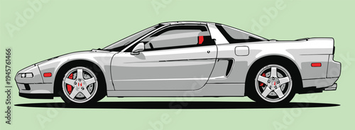 A sleek silver sports car with red accents on a light green background tshirt design