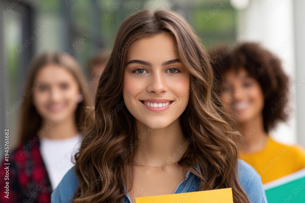 Obraz premium Female young student smiling holding folder backpack in school hallway teen portrait bright welcoming atmosphere