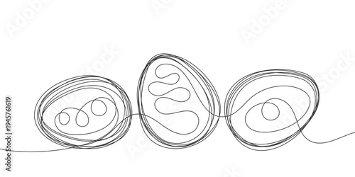 Easter eggs continuous line vector illustration, minimalist one line Easter egg set with abstract interior patterns, modern outline design for poster, greeting card, banner, branding, web and print