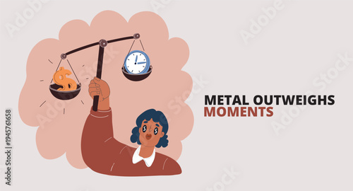 Cartoon vector illustration of a woman holding scales with a clock and a dollar sign, representing time efficiency versus financial decisions or work-life balance