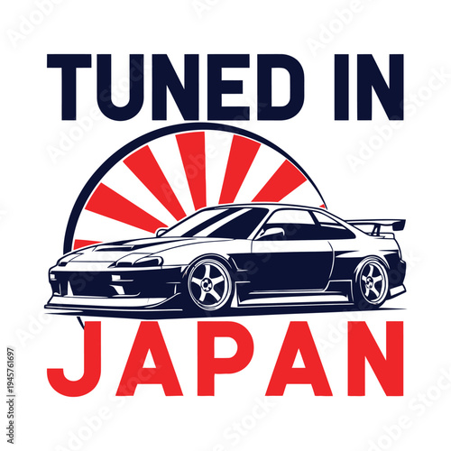 Tuned car with Japanese design on a white background tshirt design