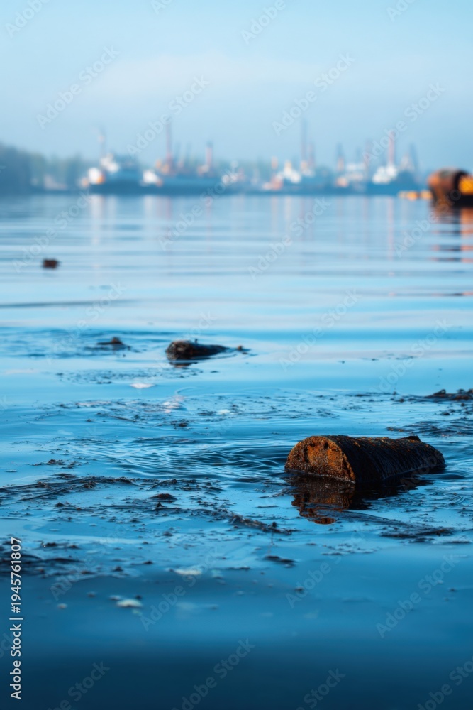 Obraz premium Rusty barrel floating in polluted harbor water with blurred ships on the distant skyline and oily surface at low tide