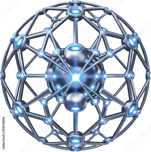 A futuristic 3D model of a blue metallic sphere with a complex geometric structure