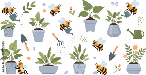 Cute Cartoon Bees Watering Potted Plants with Gardening Tools, Flowers, Leaves, and Nature Elements in Playful Garden Care Vector Illustration Set