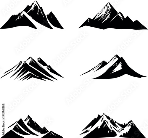Set of Mountain Peak Silhouettes Vector Illustration, Minimalist Alpine Landscape Icons for Logo