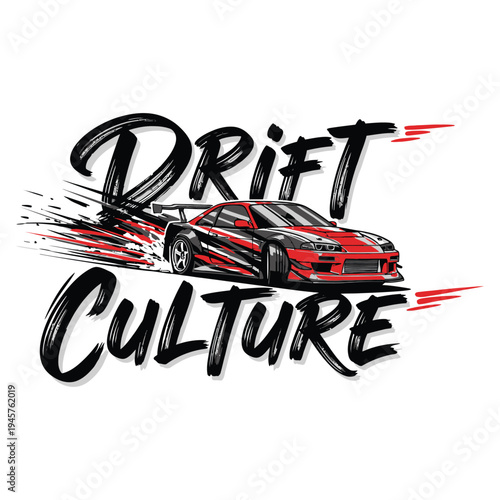 Drift culture logo with a red sports car and black text tshirt design