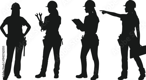 Female construction worker silhouettes, professional women builders with safety helmets and tools, industrial labor workforce concept, engineering team vector illustration