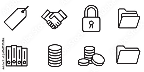 Professional Business Icon Set with Binders, Financial Coins, Secure Lock, and Document Folders