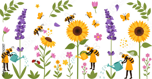 Cute Cartoon Bees Watering Sunflowers and Wildflowers with Watering Cans Surrounded by Butterflies, Leaves, and Garden Plants Spring Nature Vector Illustration Set