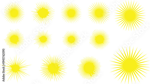 Sunburst rays collection with bright radial sunshine shapes, retro starburst light effects for summer, vintage badges and decorative vector design