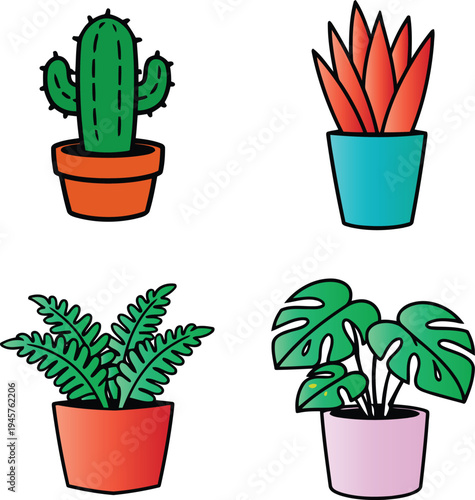 A set of isolated succulent houseplant cacti in flowerpots displays natural growth for home gardening and botanical decoration