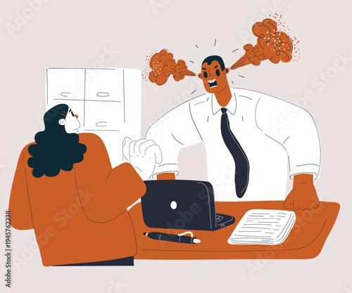 Vector illustration of an angry boss yelling at a female employee, symbolizing workplace conflict, stress, or authority