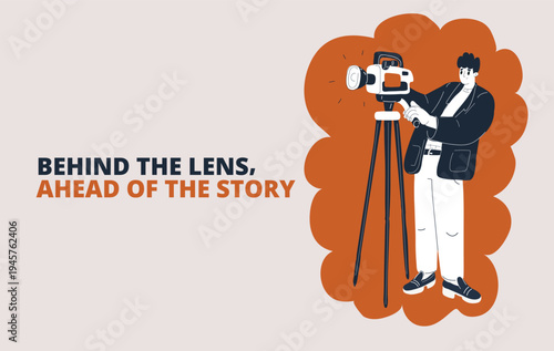 Cartoon vector illustration of a man filming with a camera, symbolizing video recording, content creation, or filmmaking