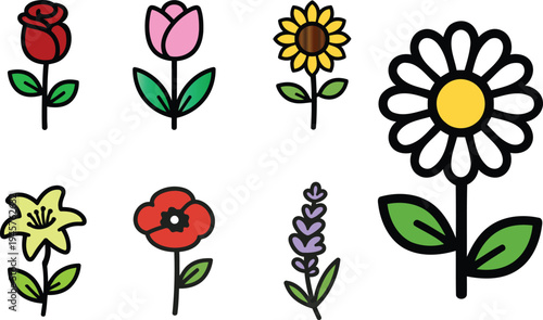 A set of colorful floral blossoms and buds featuring pink roses, poppies, and tulips in a vector illustration design for a nature pattern or summer card bouquet isolated on white