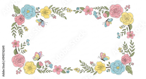 Colorful floral border frame with butterflies and flowers on white background for decoration and design