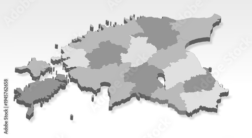3D  Estonia map with all Municipalities in gray. Three dimensional map of Estonia Municipalities with shadow on white background for your design, app, UI.  EPS10. 