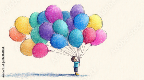 Child balloon colorful childlike drawing crayon sketch pastel playful child holding many colorful balloon with dreamy happiness and wonder