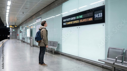 Young man stands in urban train station using spatial navigation to check safety and timing of trains on digital display board