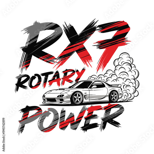 RX7 Rotary Power logo with a silver sports car and smoke tshirt design