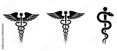  healthcare and pharmacy icons, featuring medical cross, caduceus, Rod of Asclepius, Star of Life, and bowl with snake and rod, ideal for healthcare, medical education, pharmacy, and emergency 