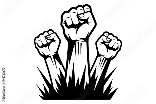 Three fists emerge from grass in protest