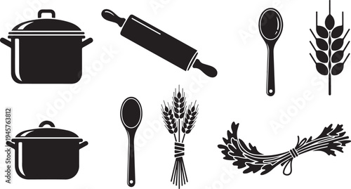 Black and white kitchen utensils and wheat icons set