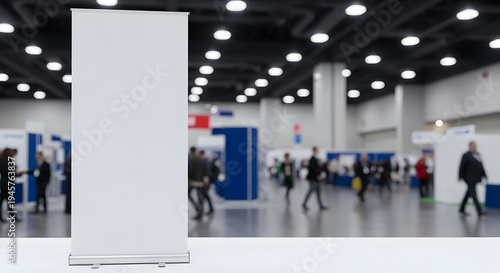Blank white pull-up banner standing on a table in a blurred convention center with people walking around.