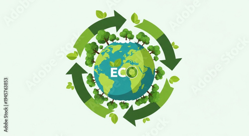 Eco friendly globe with recycling arrows and leaves symbolizing sustainable earth and environmental conservation