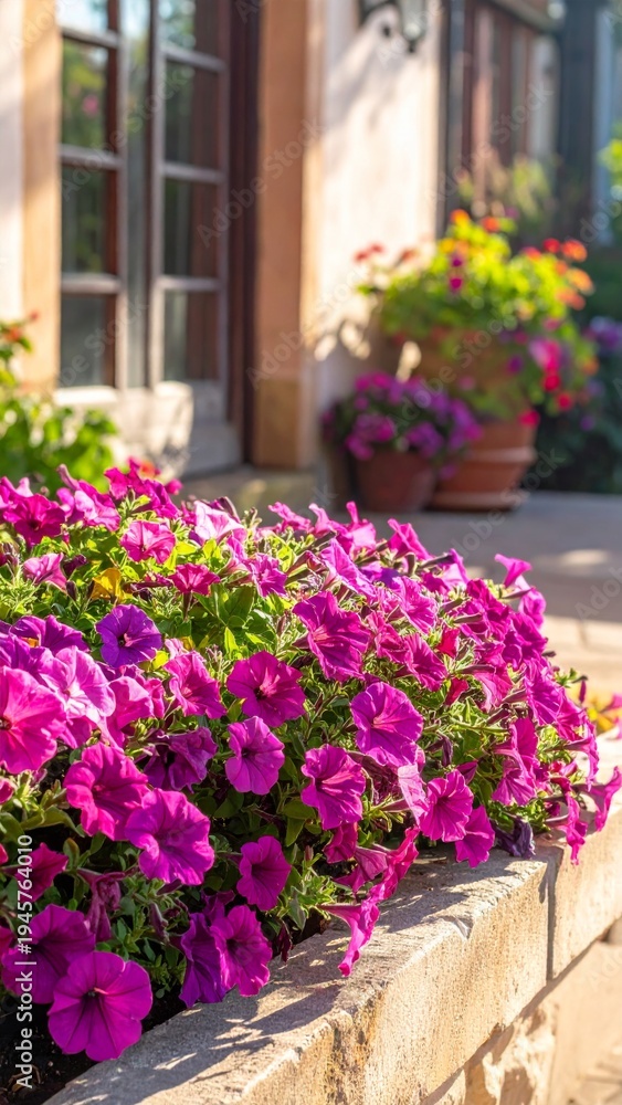 Fototapeta premium Vibrant Pink Petunias Bloom Abundantly In A Stone Planter Outdoors