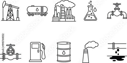 A collection of black and white icons depicting various industrial and oil-related equipment