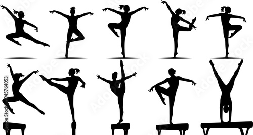Solid black silhouette of a gymnast performing on a balance beam, minimalist artistic gymnastics sport and flexibility vector illustration.